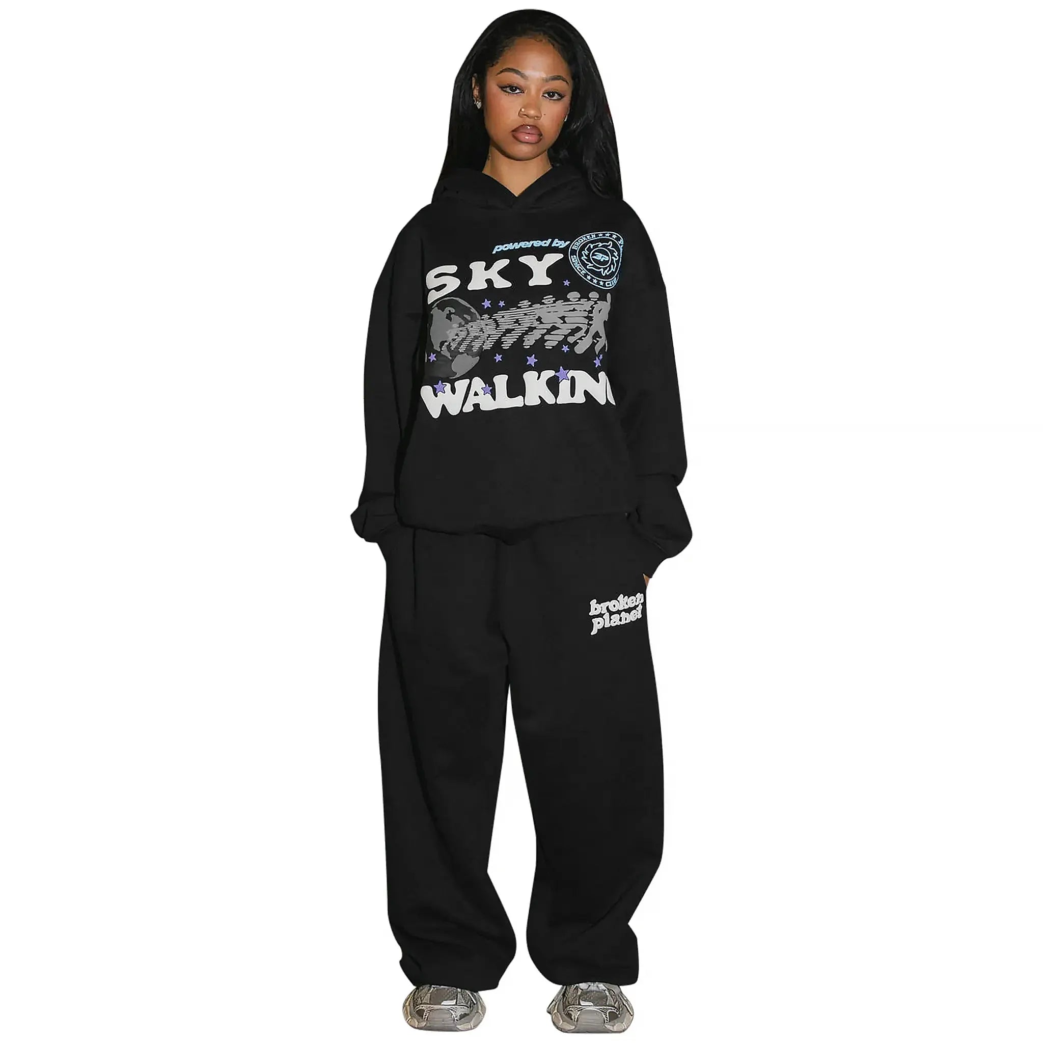 Model front view of Broken Planet Sky Walking Midnight Black Hoodie